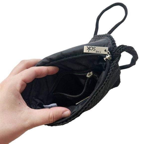 The SAK Small Black Square Crochet Woven Crossbody Zip Pocket Pouch Purse - Picture 4 of 7